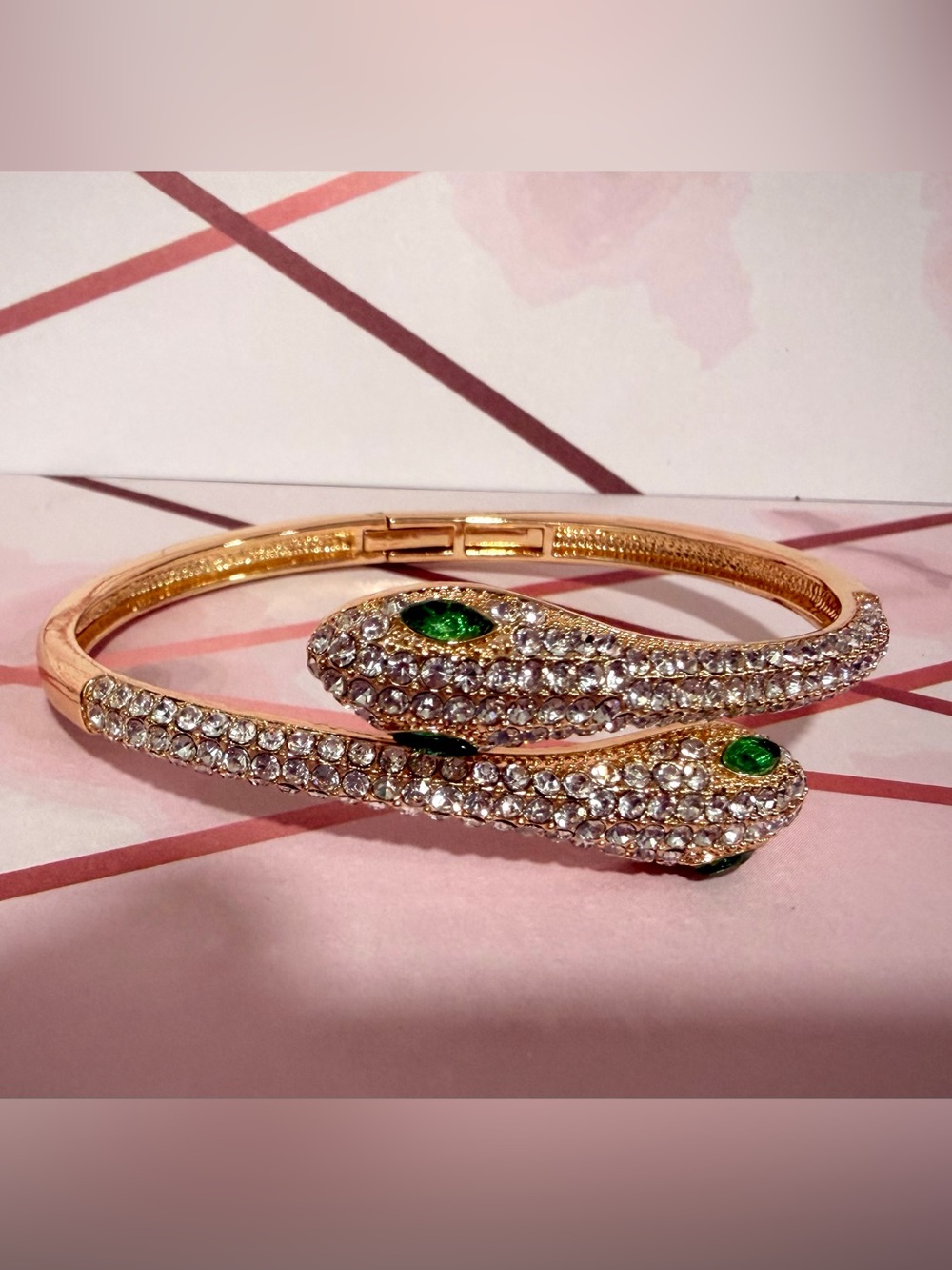 Gold Crystal Snake Hinged Bangle with Green Eyes